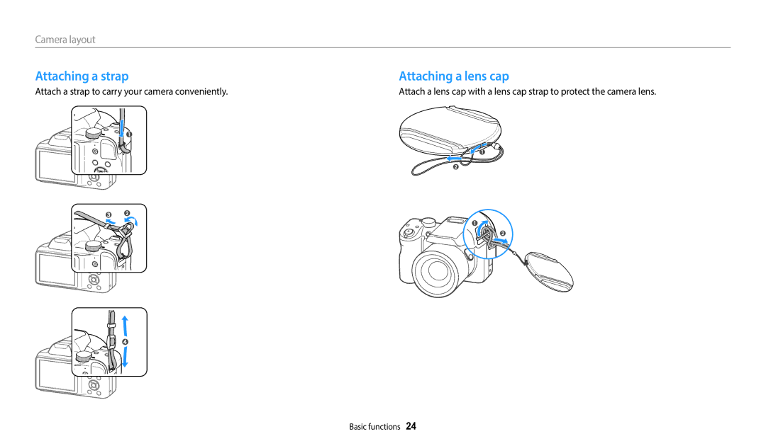 Samsung ECWB1100BPRUS, ECWB1100BPBUS, EC-WB1100BPBUS, EC-WB1100BPRUS user manual Attaching a strap Attaching a lens cap 