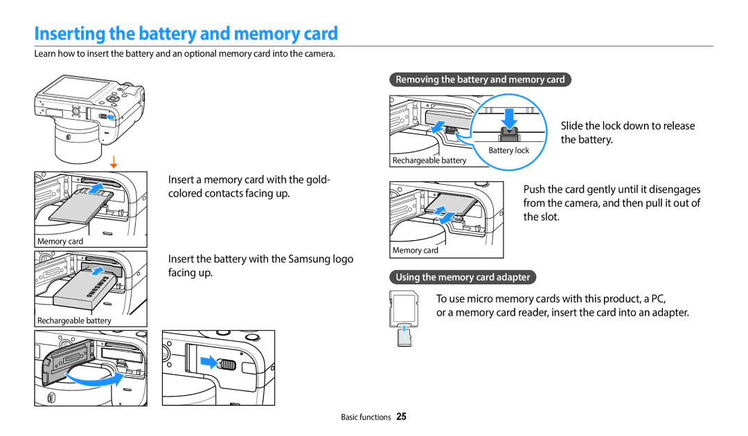 Samsung EC-WB1100BPBUS, ECWB1100BPBUS Inserting the battery and memory card, Slide the lock down to release the battery 