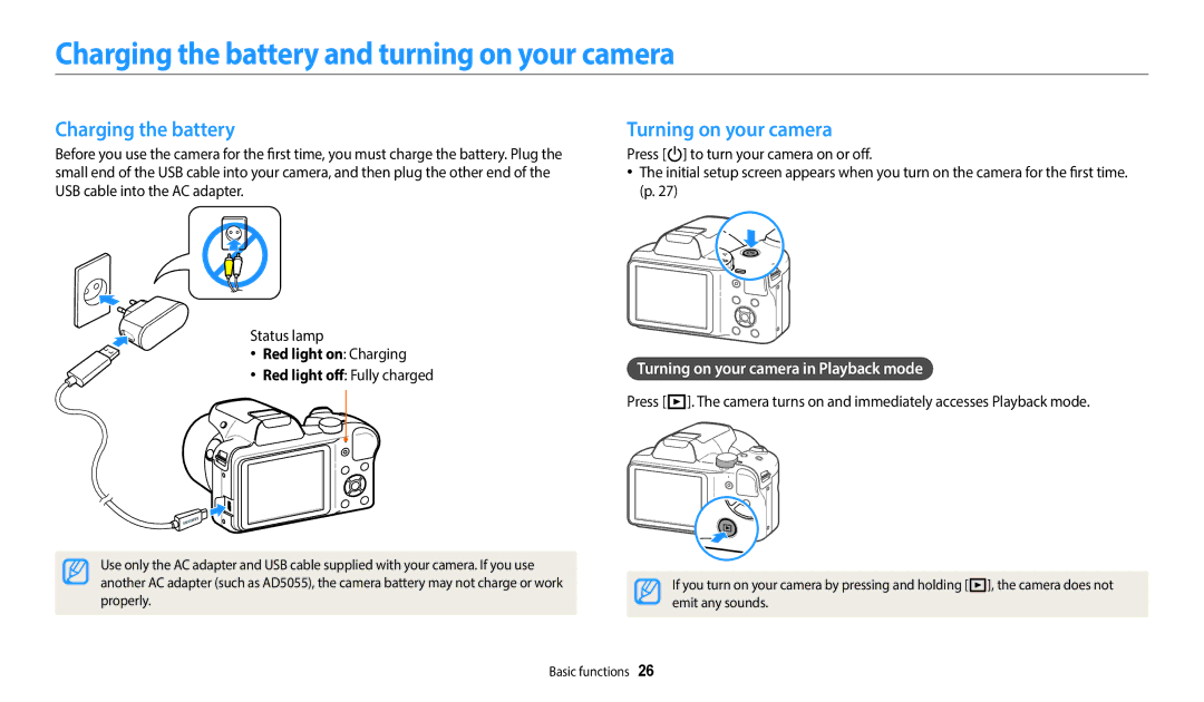 Samsung EC-WB1100BPRUS Charging the battery and turning on your camera, Turning on your camera, Red light on Charging 