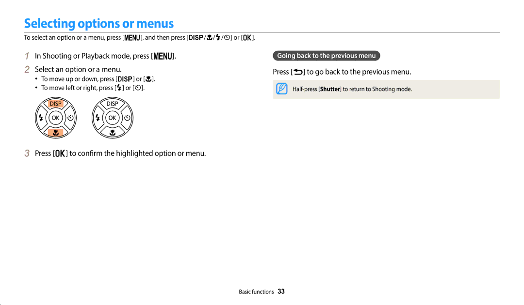 Samsung EC-WB1100BPBUS, ECWB1100BPBUS Selecting options or menus, Press o to confirm the highlighted option or menu 