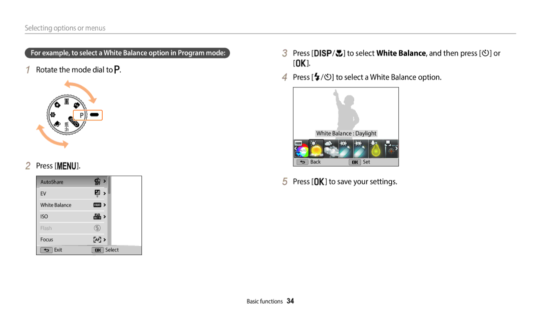 Samsung EC-WB1100BPRUS Rotate the mode dial to Press m, Press o to save your settings, Selecting options or menus 