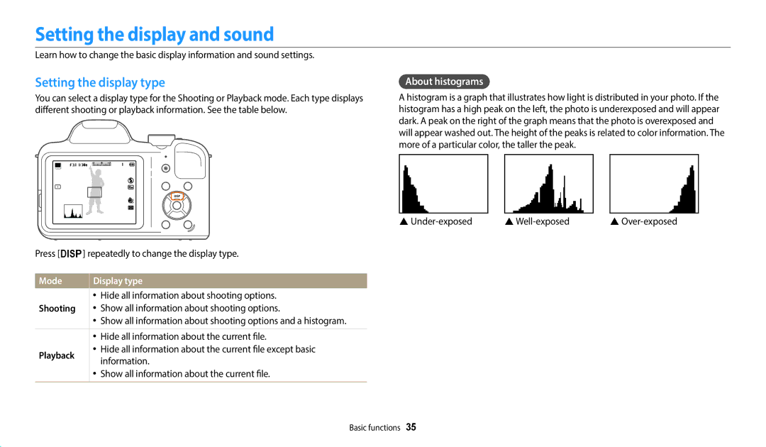 Samsung ECWB1100BPBUS, ECWB1100BPRUS Setting the display and sound, Setting the display type, About histograms, Playback 