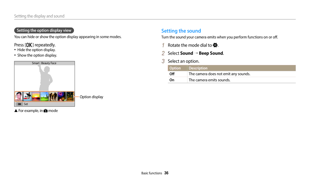 Samsung ECWB1100BPRUS, ECWB1100BPBUS Setting the sound, Press o repeatedly, Select Sound → Beep Sound, Select an option 