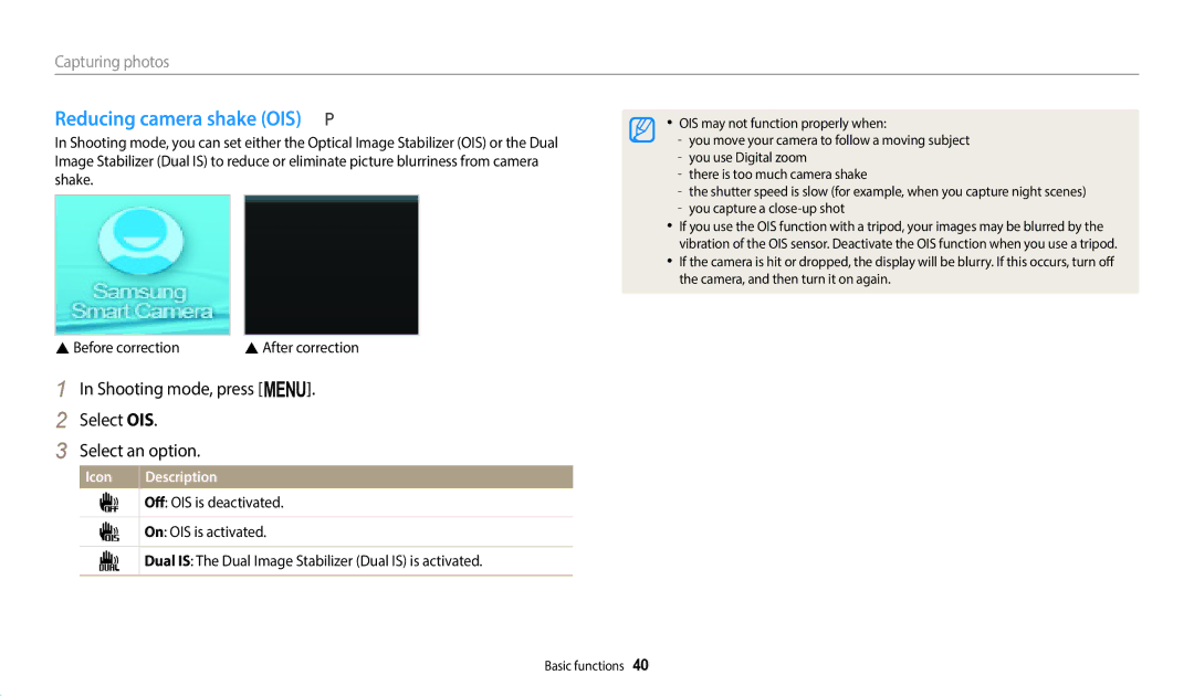 Samsung ECWB1100BPRUS Reducing camera shake OIS, Shooting mode, press m Select OIS Select an option, On OIS is activated 