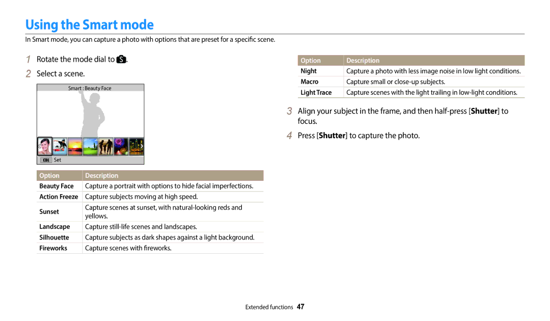 Samsung ECWB1100BPBUS, ECWB1100BPRUS, EC-WB1100BPBUS, EC-WB1100BPRUS user manual Using the Smart mode, Select a scene 