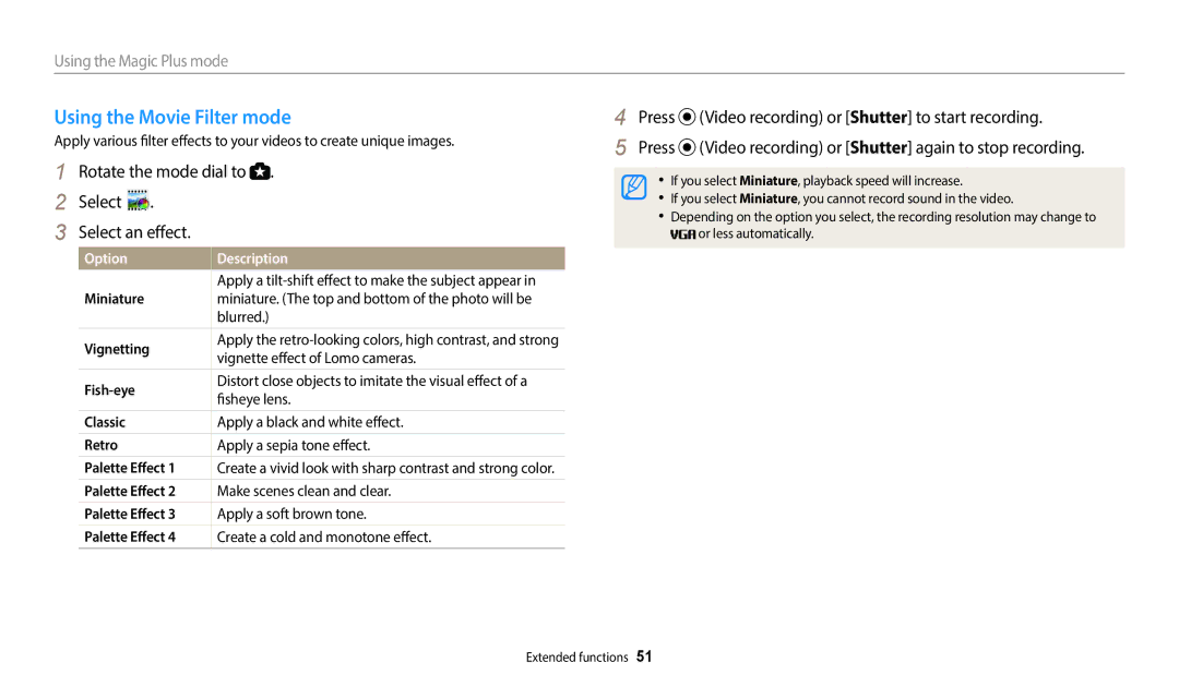 Samsung ECWB1100BPBUS Using the Movie Filter mode, Using the Magic Plus mode, Blurred, Vignette effect of Lomo cameras 