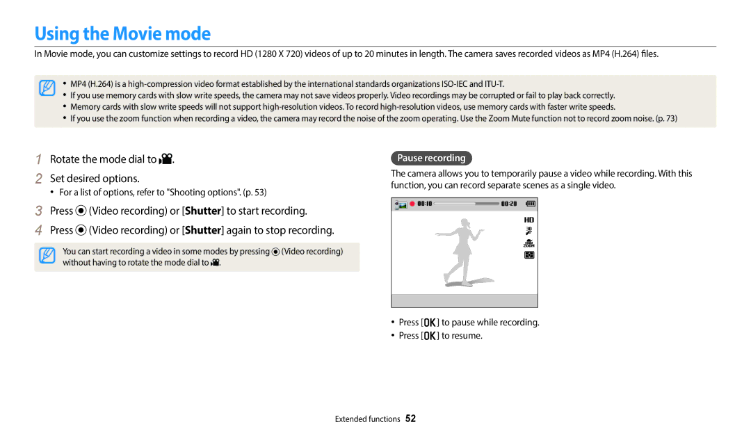 Samsung ECWB1100BPRUS, ECWB1100BPBUS Using the Movie mode, Rotate the mode dial to Set desired options, Pause recording 