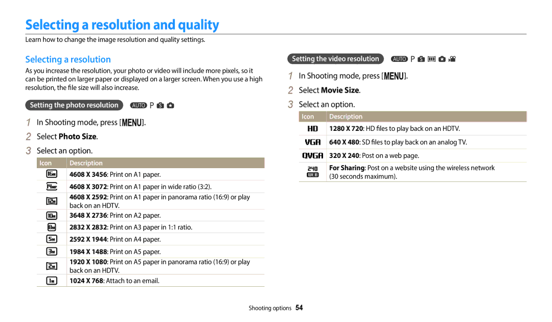 Samsung EC-WB1100BPRUS, ECWB1100BPBUS user manual Selecting a resolution and quality, Select Photo Size, Select Movie Size 