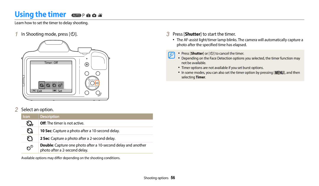 Samsung ECWB1100BPRUS, ECWB1100BPBUS user manual Using the timer, Shooting mode, press t, Press Shutter to start the timer 