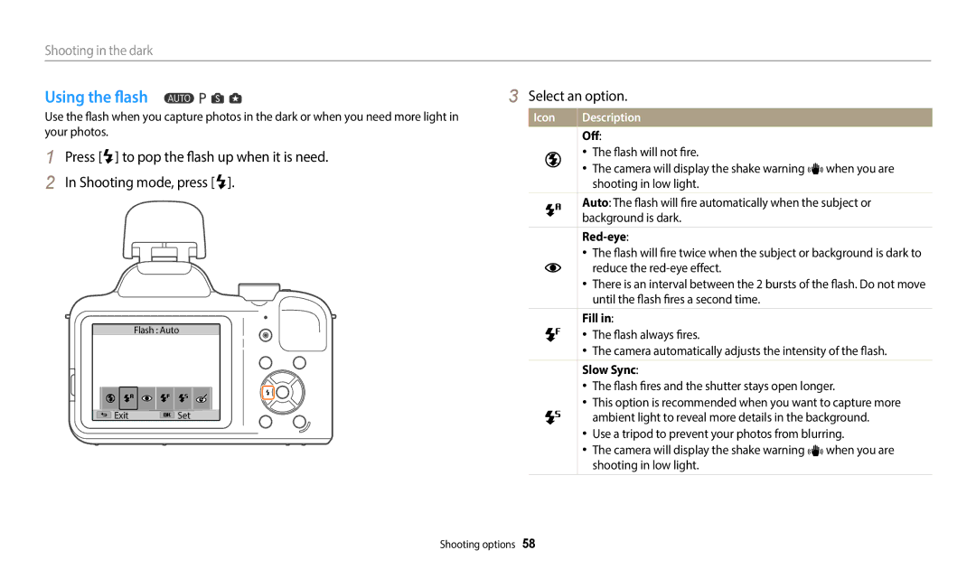 Samsung EC-WB1100BPRUS, ECWB1100BPBUS, ECWB1100BPRUS, EC-WB1100BPBUS user manual Using the flash, Shooting in the dark 