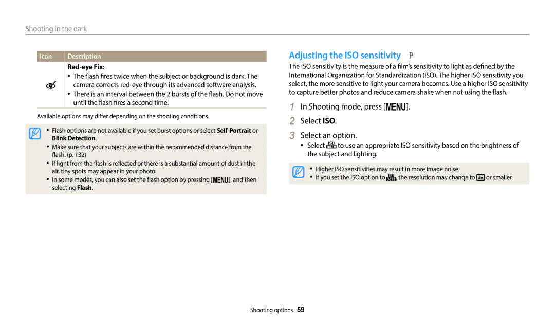 Samsung ECWB1100BPBUS Adjusting the ISO sensitivity, Shooting mode, press m Select ISO Select an option, Red-eye Fix 