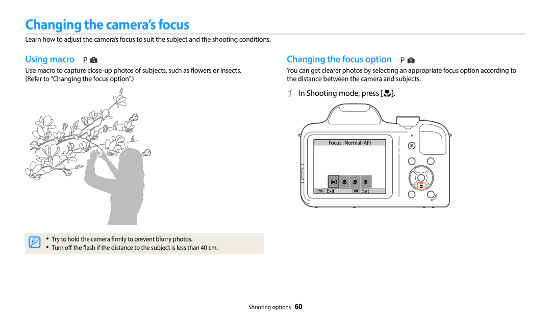 Samsung ECWB1100BPRUS Changing the camera’s focus, Using macro, Changing the focus option, Shooting mode, press c 