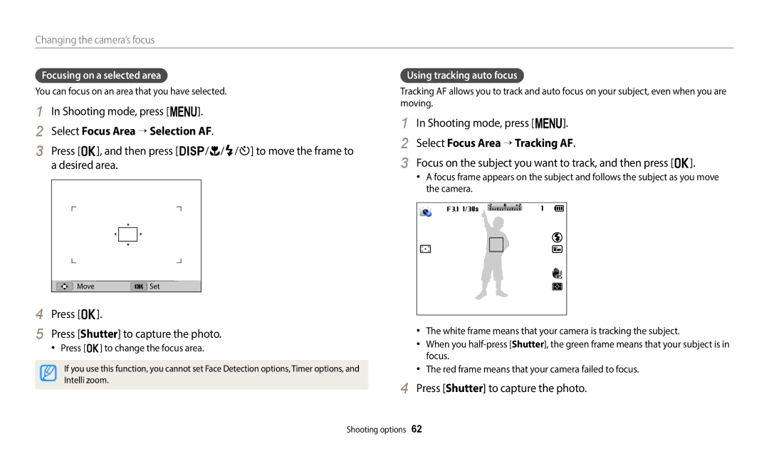 Samsung EC-WB1100BPRUS, ECWB1100BPBUS, ECWB1100BPRUS Select Focus Area → Selection AF, Select Focus Area → Tracking AF 