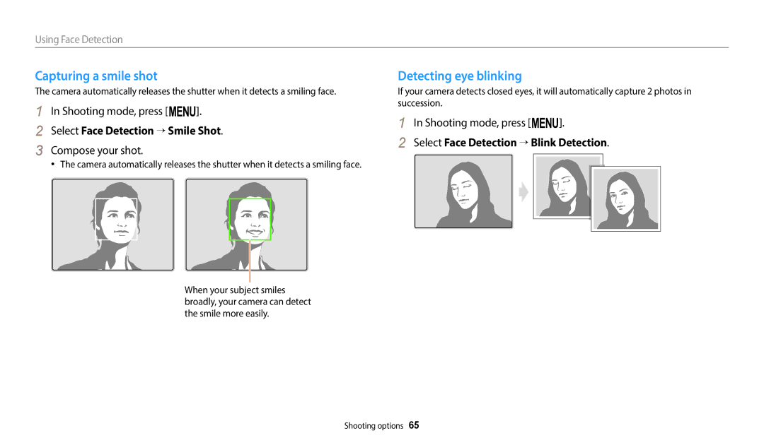 Samsung EC-WB1100BPBUS, ECWB1100BPBUS Capturing a smile shot, Detecting eye blinking, Select Face Detection → Smile Shot 
