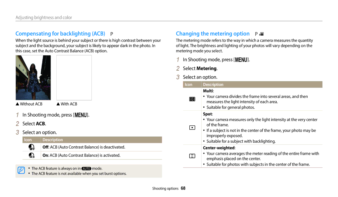 Samsung ECWB1100BPRUS Compensating for backlighting ACB, Changing the metering option, Adjusting brightness and color 