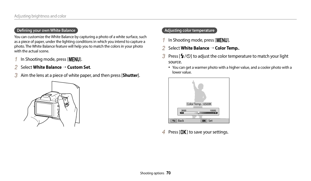 Samsung EC-WB1100BPRUS Select White Balance → Custom Set, Select White Balance → Color Temp, Adjusting color temperature 