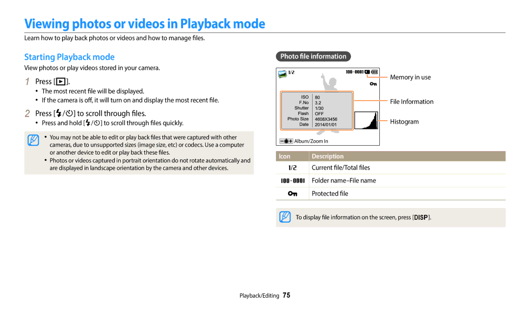 Samsung ECWB1100BPBUS Viewing photos or videos in Playback mode, Starting Playback mode, Press P, Photo file information 