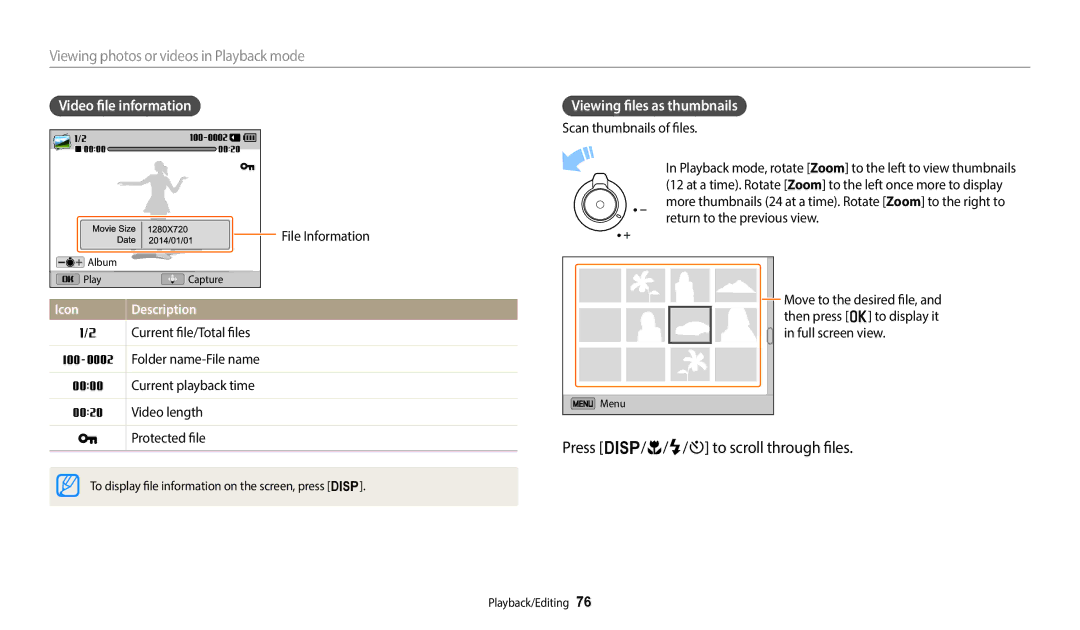 Samsung ECWB1100BPRUS, ECWB1100BPBUS Press D/c/F/t to scroll through files, Viewing photos or videos in Playback mode 