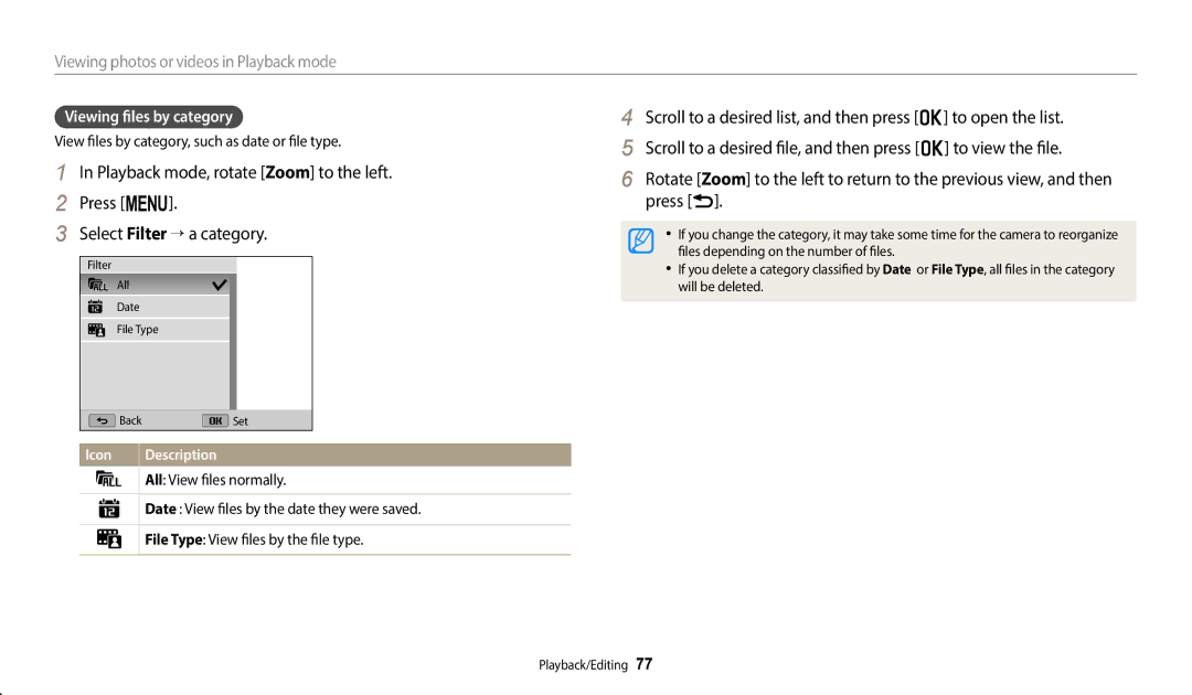 Samsung EC-WB1100BPBUS, ECWB1100BPBUS Viewing files by category, View files by category, such as date or file type 