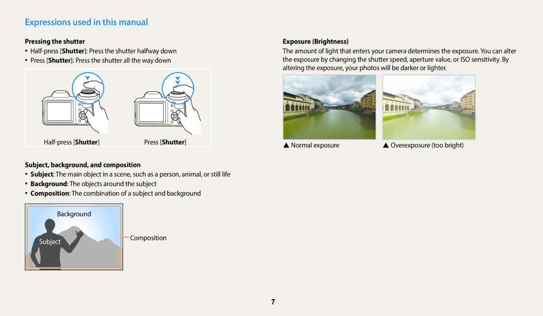 Samsung ECWB1100BPBUS Expressions used in this manual, Pressing the shutter, Subject, background, and composition 