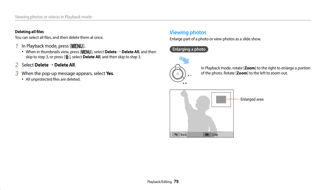 Samsung ECWB1100BPBUS, ECWB1100BPRUS Viewing photos, Playback mode, press m, Select Delete → Delete All, Enlarging a photo 