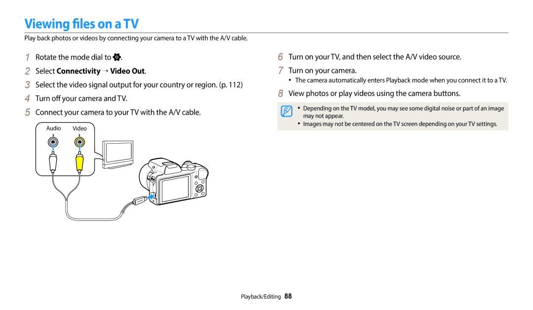 Samsung ECWB1100BPRUS, ECWB1100BPBUS, EC-WB1100BPBUS, EC-WB1100BPRUS Viewing files on a TV, Select Connectivity → Video Out 