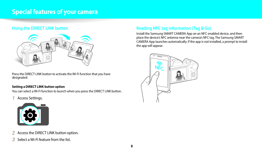 Samsung ECWB1100BPRUS, ECWB1100BPBUS, EC-WB1100BPBUS Access Settings, App will appear, Setting a Direct Link button option 