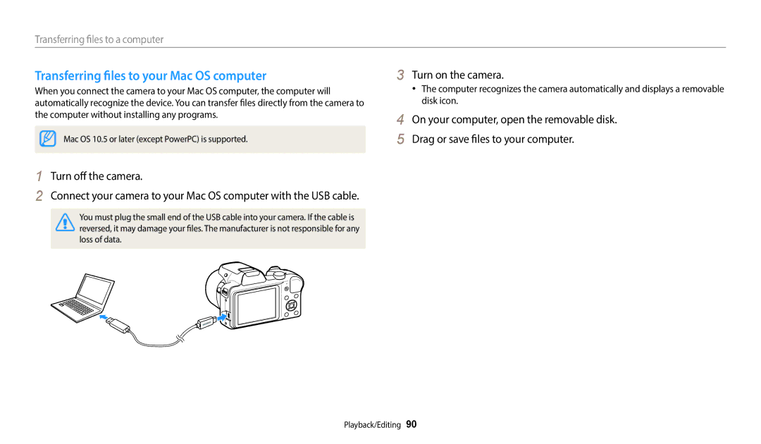 Samsung EC-WB1100BPRUS Transferring files to your Mac OS computer, Turn off the camera, Transferring files to a computer 