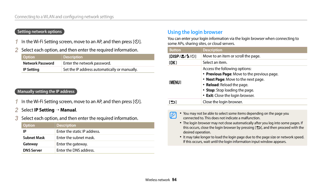 Samsung EC-WB1100BPRUS, ECWB1100BPBUS Using the login browser, Select IP Setting → Manual, Setting network options 