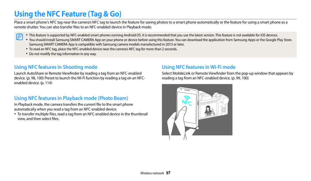 Samsung EC-WB1100BPBUS, ECWB1100BPBUS, ECWB1100BPRUS Using the NFC Feature Tag & Go, Using NFC features in Shooting mode 