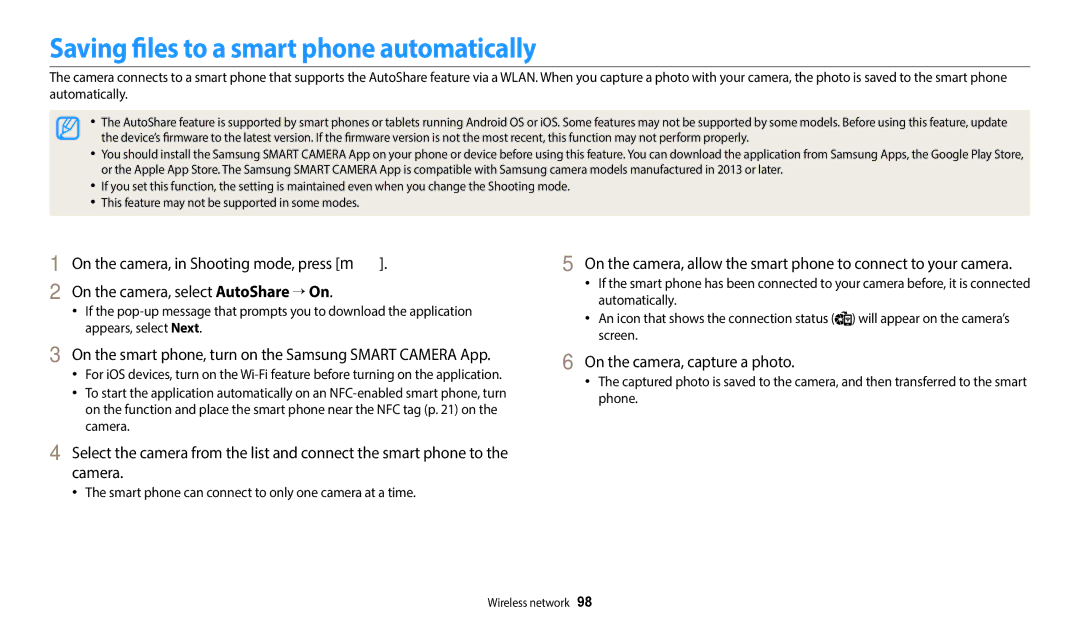 Samsung EC-WB1100BPRUS, ECWB1100BPBUS Saving files to a smart phone automatically, On the camera, capture a photo 