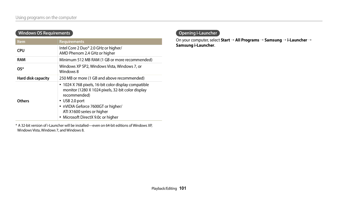 Samsung ECWB2100BPBUS, EC-WB2100BPBUS user manual Windows OS Requirements, Opening i-Launcher, Hard disk capacity, Others 