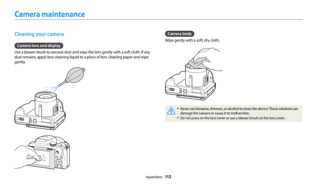 Samsung EC-WB2100BPRUS, ECWB2100BPBUS Camera maintenance, Cleaning your camera, Camera lens and display, Camera body 