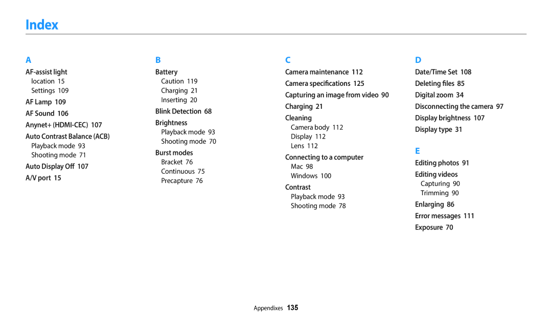 Samsung EC-WB2100BPBUS Index, Camera body Display Lens, Mac Windows, Playback mode Shooting mode, Capturing Trimming 