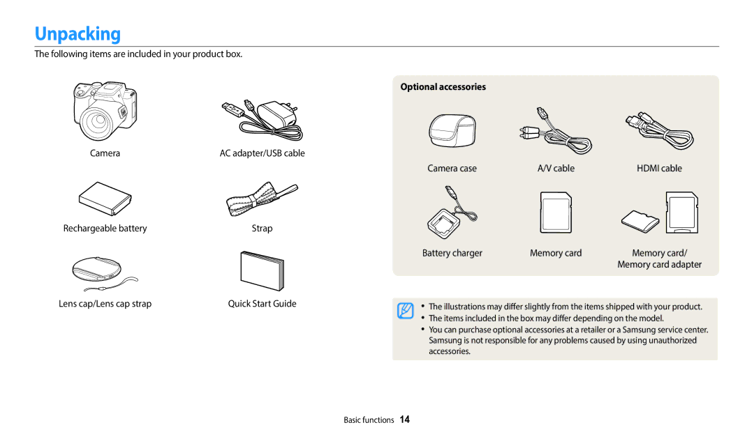 Samsung ECWB2100BPBUS, EC-WB2100BPBUS, EC-WB2100BPRUS user manual Unpacking, Optional accessories 