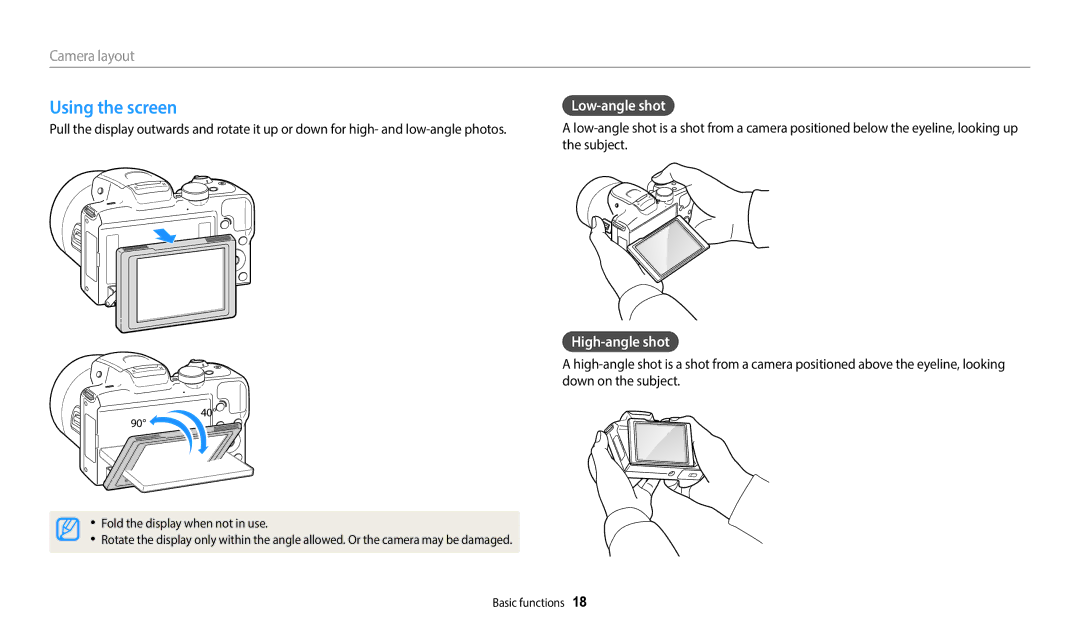 Samsung EC-WB2100BPBUS, ECWB2100BPBUS, EC-WB2100BPRUS user manual Using the screen, Low-angle shot, High-angle shot 