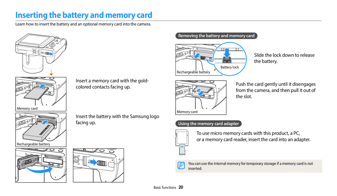 Samsung ECWB2100BPBUS, EC-WB2100BPBUS Inserting the battery and memory card, Slide the lock down to release the battery 