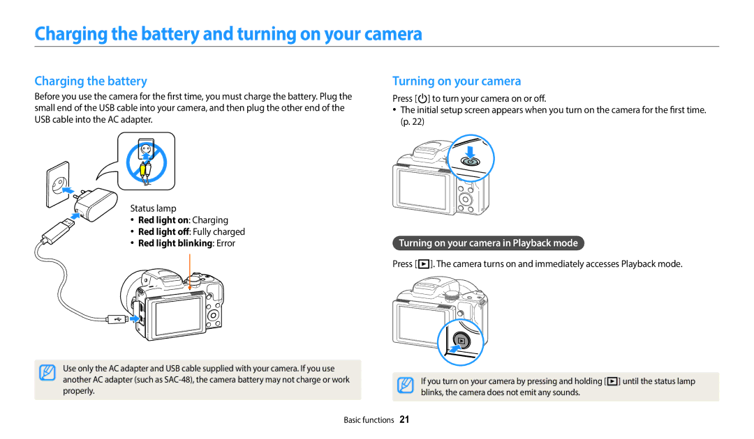 Samsung EC-WB2100BPBUS, ECWB2100BPBUS user manual Charging the battery and turning on your camera, Turning on your camera 