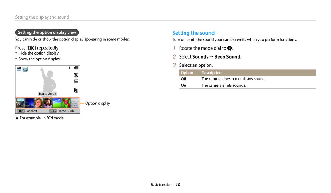 Samsung ECWB2100BPBUS Setting the sound, Press o repeatedly, Rotate the mode dial to, Select Sounds → Beep Sound 