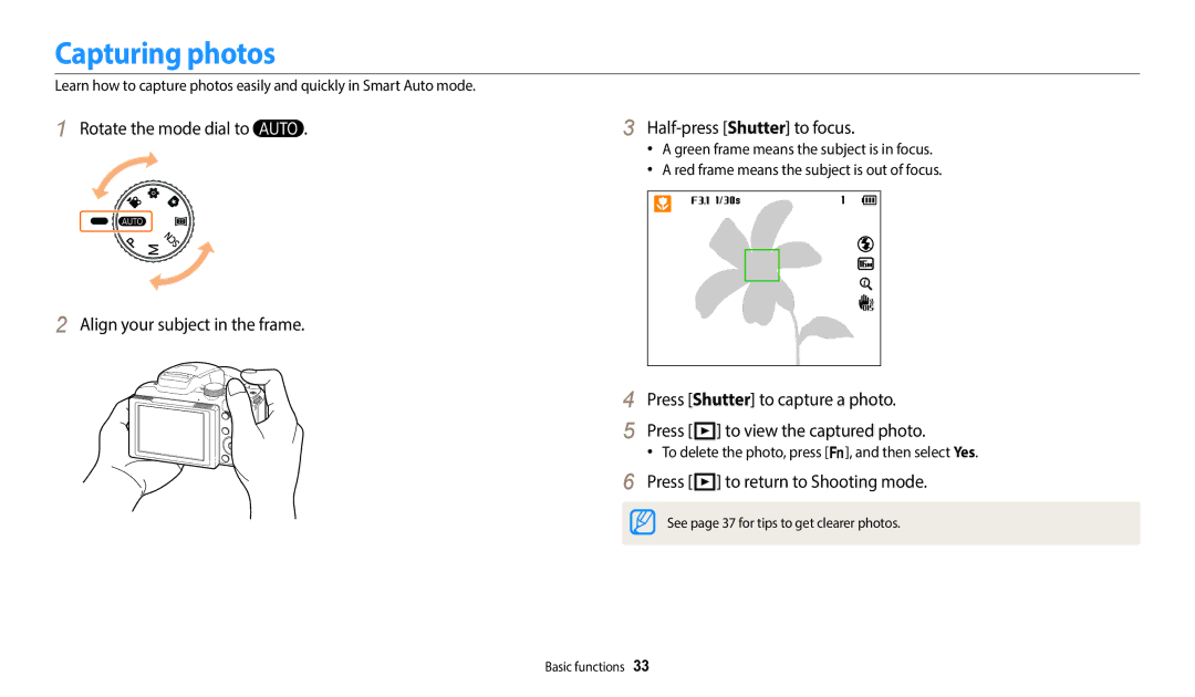 Samsung EC-WB2100BPBUS, ECWB2100BPBUS, EC-WB2100BPRUS user manual Capturing photos, Press P to return to Shooting mode 