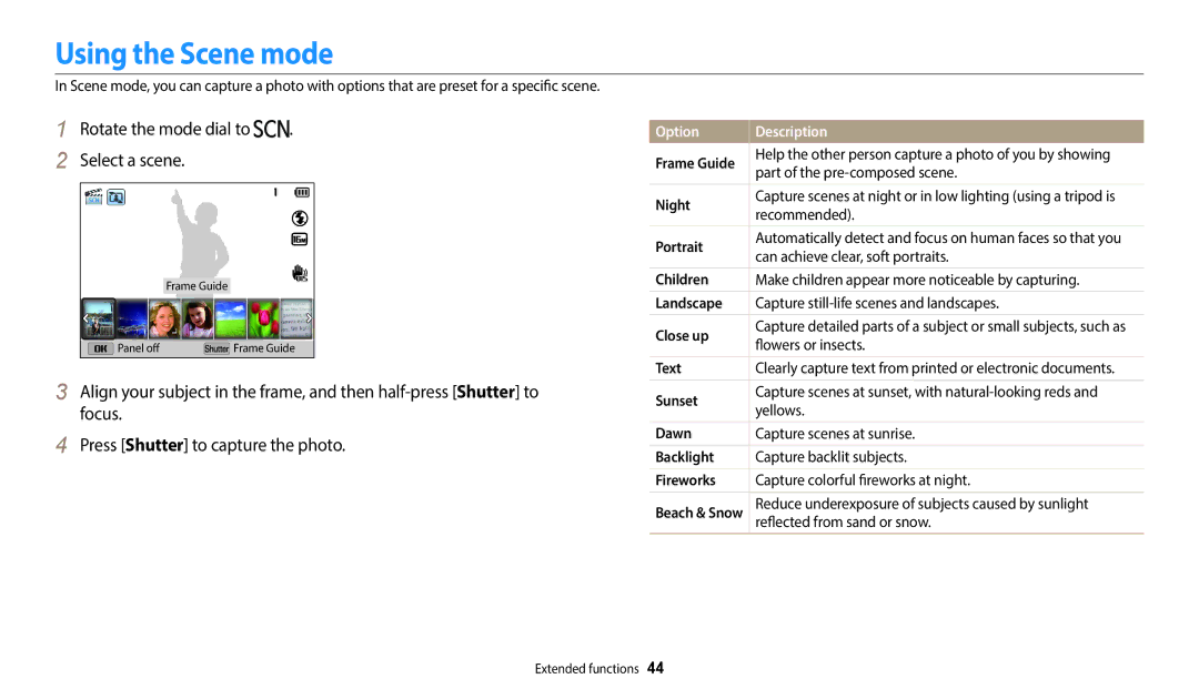 Samsung ECWB2100BPBUS, EC-WB2100BPBUS Using the Scene mode, Rotate the mode dial to Select a scene, Option Description 