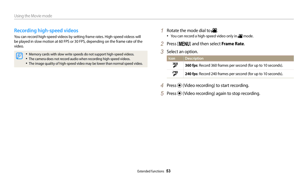 Samsung ECWB2100BPBUS, EC-WB2100BPBUS Recording high-speed videos, Press m and then select Frame Rate Select an option 