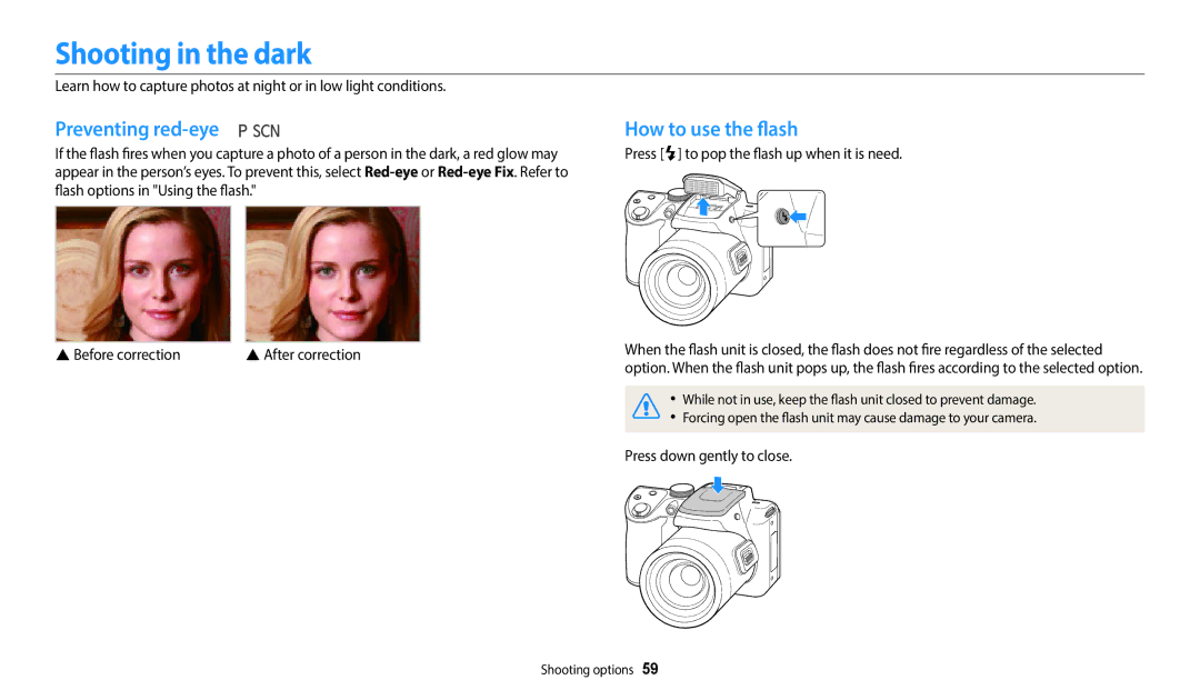 Samsung ECWB2100BPBUS Shooting in the dark, Preventing red-eye, How to use the flash, Press down gently to close 