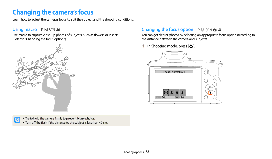 Samsung EC-WB2100BPBUS Changing the camera’s focus, Using macro, Changing the focus option, Shooting mode, press c 