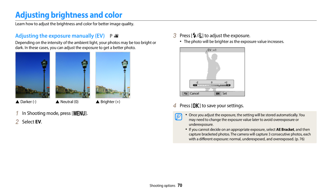 Samsung EC-WB2100BPRUS, ECWB2100BPBUS, EC-WB2100BPBUS Adjusting brightness and color, Adjusting the exposure manually EV 