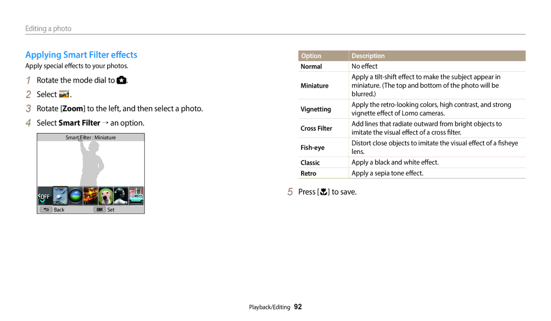 Samsung ECWB2100BPBUS user manual Applying Smart Filter effects, Apply special effects to your photos, Normal, No effect 