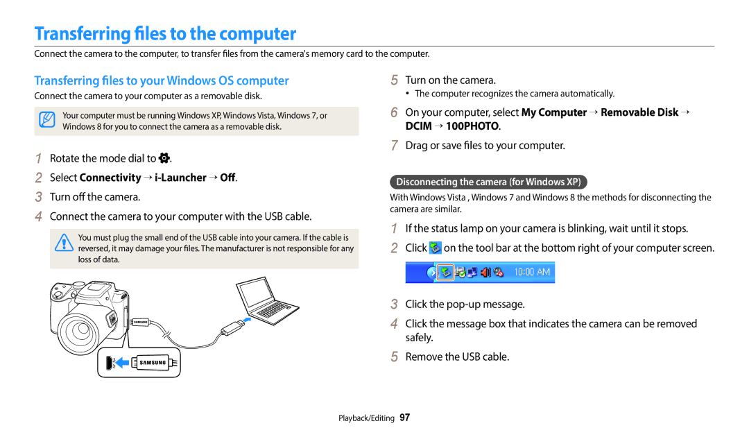 Samsung EC-WB2100BPRUS, ECWB2100BPBUS Transferring files to the computer, Transferring files to your Windows OS computer 