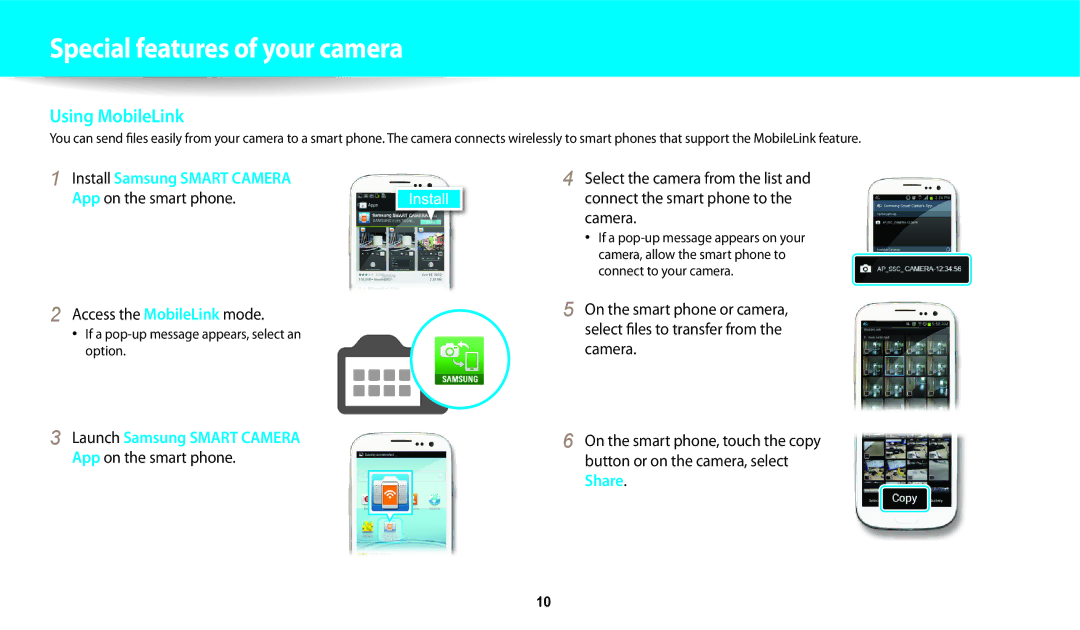 Samsung ECWB250FFPWUS App on the smart phone Access the MobileLink mode, If a pop-up message appears, select an option 