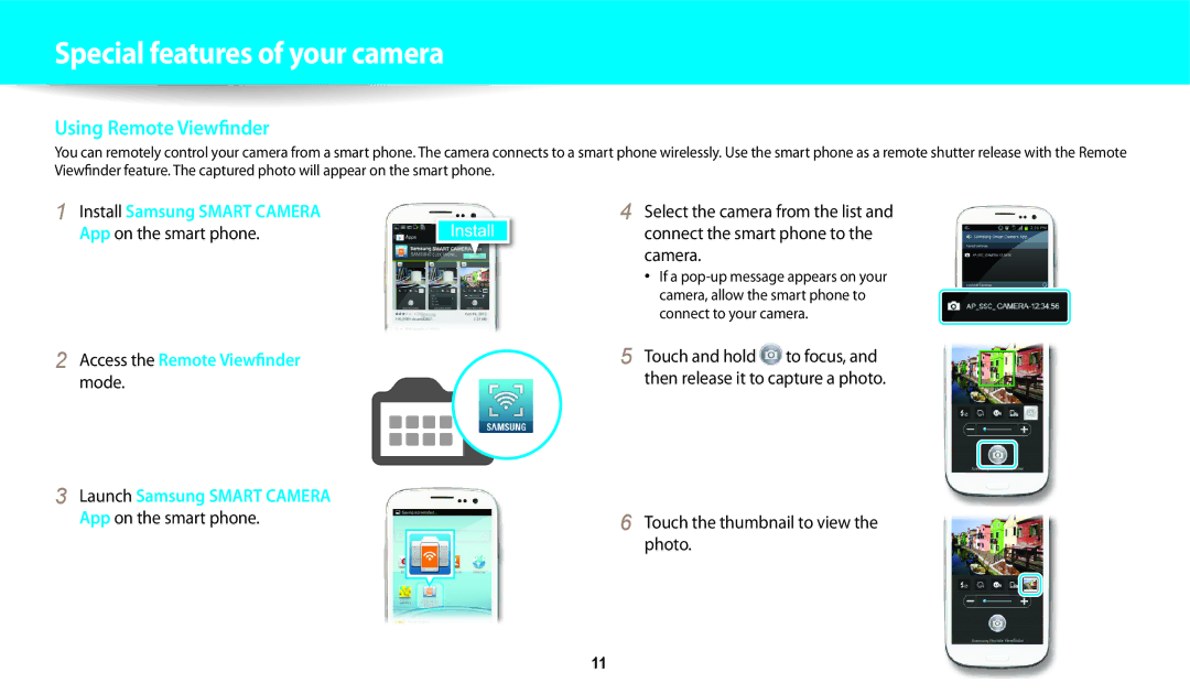 Samsung ECWB250FFPBUS App on the smart phone Access the Remote Viewfinder mode, Touch the thumbnail to view the photo 