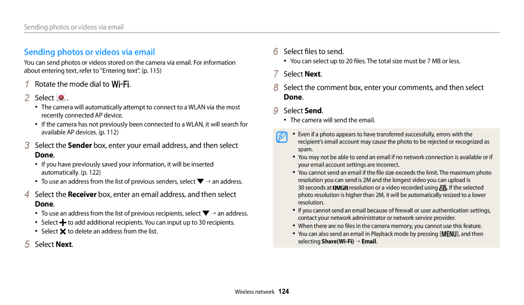 Samsung EC-WB250FBPRUS Sending photos or videos via email, Select Next Select files to send, Camera will send the email 